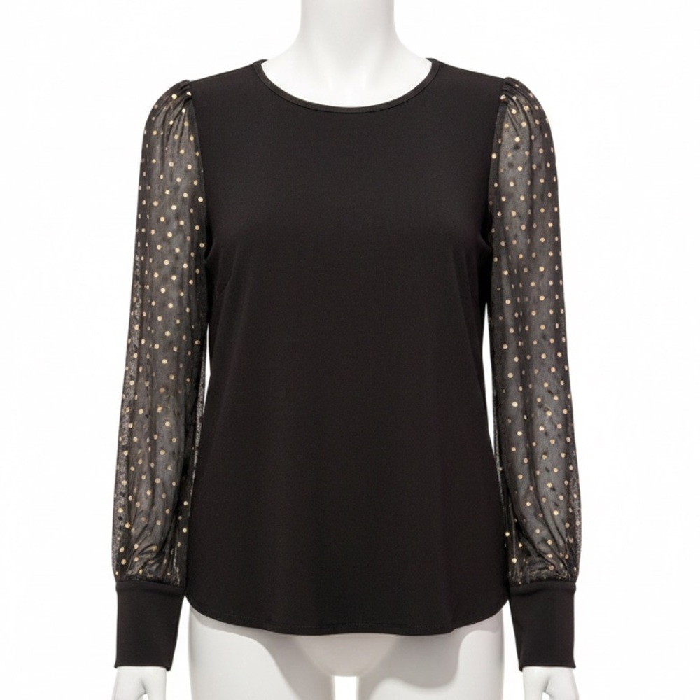• Anne Klein Blouse Small Black and Gold Sheer Sleeves Formal - Cuffed S…